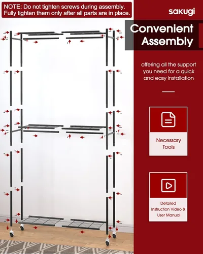 Vista 7 de Sakugi Perchero de ropa de 33.0 x 12.2 x 79.5 pulgadas, con estantes y ruedas, armario multifuncional con ganchos, perchero de metal resistente