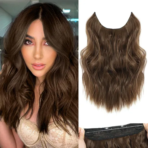 Vista 20 de Extensiones de cabello tipo halo de 20 pulgadas, extensiones de cabello con alambre invisible ajustable, largo, ondulado, sintético, mejorado, 4