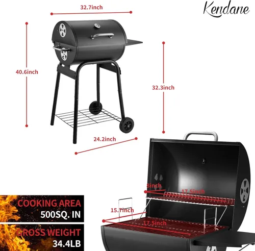 Vista 5 de Kendane Parrilla de carbón de barril, parrillas de carbón grandes con estante lateral, parrilla de barbacoa al aire libre, perfecta para campamento
