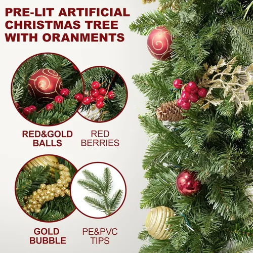 Vista 4 de Guirnalda artificial de Navidad preiluminada de 9 pies con 50 luces LED, funciona con pilas, piñas de pino, bonita bola dorada y roja, bayas