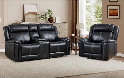 Vista 24 de EBELLO Sofá reclinable de cuero sintético de 3 plazas, sofá reclinable manual, silla de 3 asientos de estilo moderno de mediados de siglo