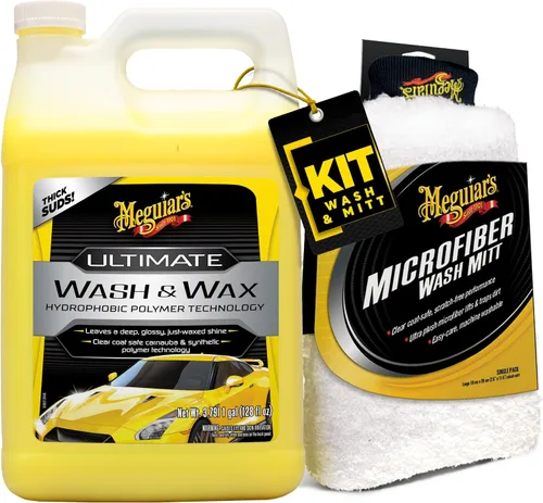 Meguiar's Paquete de lavado de autos – 1 galón Ultimate Wash & Wax, jabón de lavado de autos con protección adicional de cera y guante de
