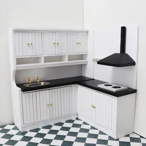 Vista 8 de Juego de cocina de casa de muñecas, muebles de madera en miniatura, gabinete de comedor, kit de cocina a escala 1/12, accesorios de casa de muñecas