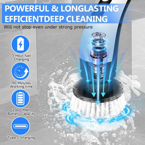 Vista 2 de PUNOMO Limpiador eléctrico giratorio, cepillo de limpieza inalámbrico de baño con 8 cabezales reemplazables y mango ajustable, limpiador de ducha