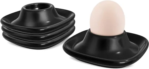Flexzion Huevos duros blandos, juego de cerámica de 4 piezas, apilables, color negro | Huevos de porcelana negra con bases cuadradas estables; tazas