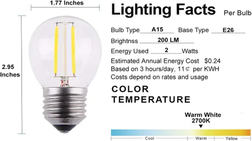 Vista 3 de Mini bombilla LED regulable estilo A15 con filamento LED, 2 W 200 lm, reemplazo incandescente de 25 W, base regular E26, color de luz blanca cálida