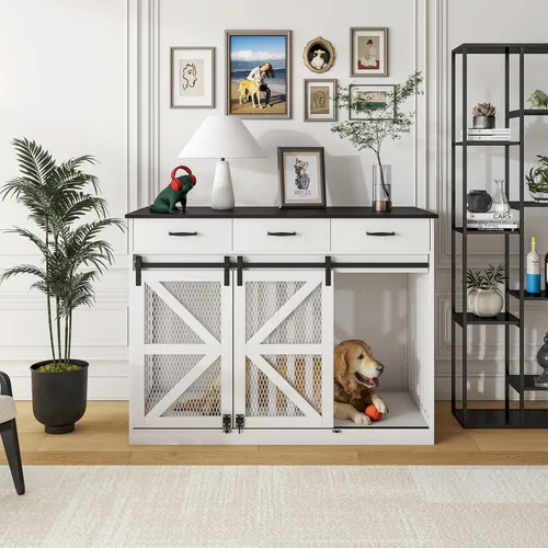 Vista 8 de Saudism Mueble de jaula para perros de granja 2 en 1, perrera grande de madera con cajones de almacenamiento, puertas dobles, soporte de TV