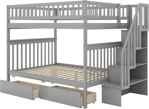 Vista 119 de Harper & Bright Designs Litera de tamaño matrimonial sobre matrimonial con 3 cajones, litera de madera maciza con almacenamiento y riel de Gris