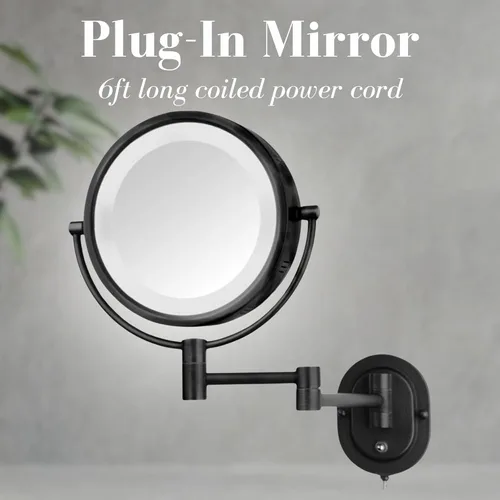 Vista 2 de JERDON Espejo de maquillaje montado en la pared con aumento 5X - Espejo de maquillaje negro con luces LED - Enchufe - Modelo HL65BK
