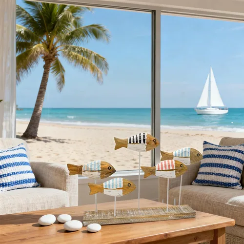 Vista 8 de ZENFUN 5 piezas de decoración de mesa de peces de madera, centro de mesa de verano oceánico, estatuas de animales marinos, letrero de pie, peces