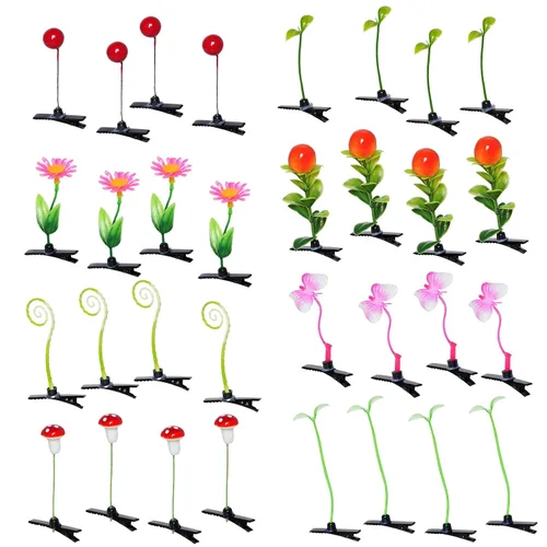 32 pinzas para el cabello con brotes de frijoles, divertidos clips de brote aleatorio, estilos mezclados para plantas, hierba, flores, mariposas,
