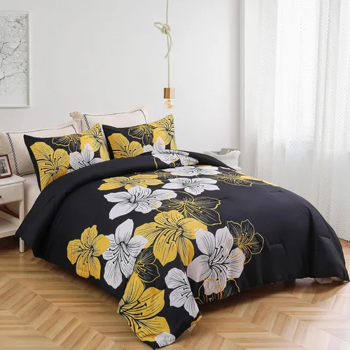 Vista 2 de Menghomeus Juego Completo de Edredón Negro/Dorado Floral Juegos de Ropa de Cama Edredón - Juego de Edredón de Cama de Microfibra Suave para Todas