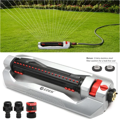 Vista 3 de Eden 96216 - Aspersor oscilante de metal resistente de 3 vías y kit de liberación rápida Eden 93218 Premium Garden Connect