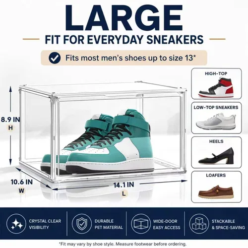 Vista 4 de 1 paquete de cajas de almacenamiento transparentes apilables para zapatos, organizador grande de zapatos con puerta magnética acrílica, contenedores