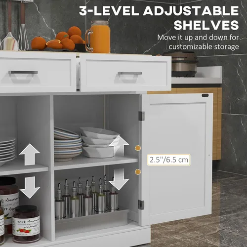 Vista 6 de HOMCOM Isla de cocina rodante con barra de desayuno de madera de hoja caída, carrito de cocina de granja con 2 cajones, estantes ajustables