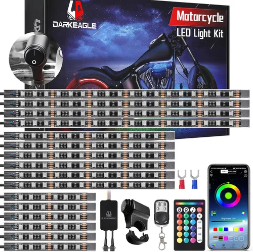 Vista 13 de Kit de 20 luces LED RGB para motocicleta con señal de giro de freno de doble zona, luces subterráneas con control remoto APP/RF, acento neón