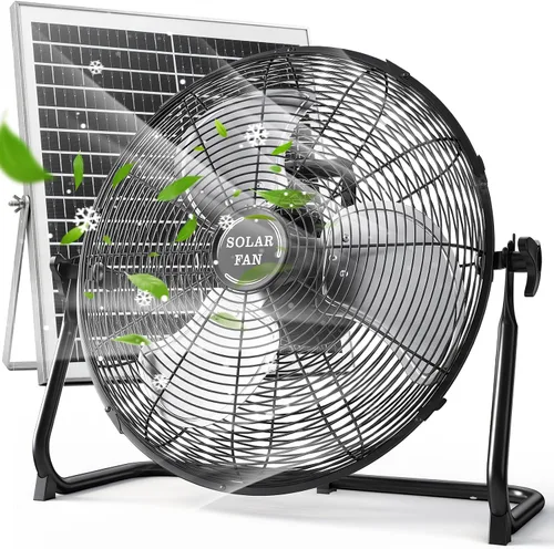 DBF Ventilador solar de 20 pulgadas para exteriores, ventilador de piso recargable de 30000 mAh con panel solar de 40 W, 18 velocidades, tiempo de