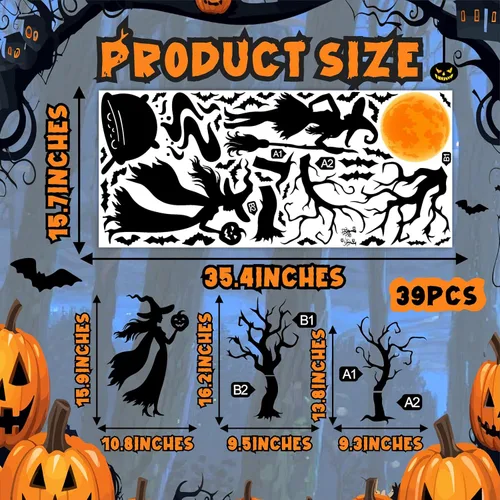 Vista 4 de Calcomanías de Halloween para ventana, calcomanías de brujas negras, calcomanías de pared de Halloween, murciélagos de árbol negro, murales de arte