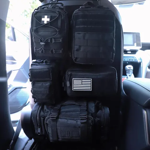 Vista 8 de Organizador táctico universal para respaldo de asiento, panel Molle para vehículo, bolsa de almacenamiento con 5 bolsas Molle desmontables