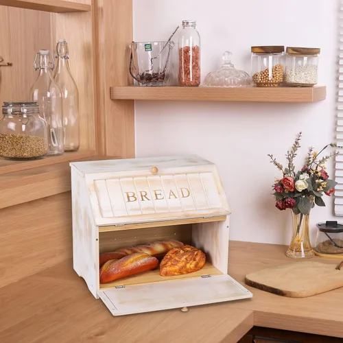 Vista 2 de HOMEKOKO Caja de pan vintage de doble capa grande para encimera de cocina, diseño retro, contenedor de almacenamiento de pan de madera de gran Blanco