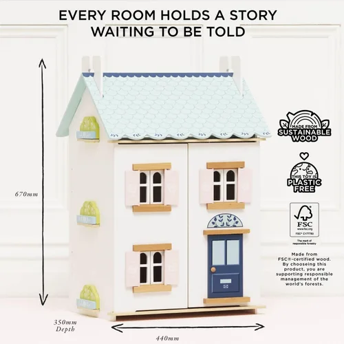 Vista 5 de Le Toy Van – Casa de Muñecas de Madera Blue Belle Juego de Casa de Muñecas de Madera de 3 Plantas para Niñas y Niños - Apto para Edades 3+