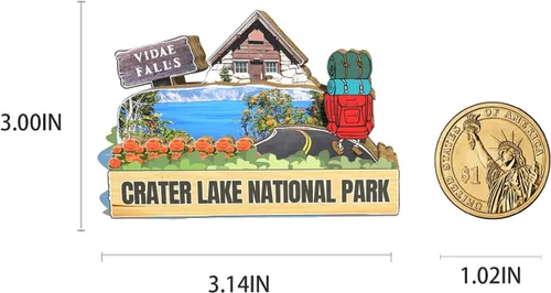 Vista 3 de Imán del parque nacional del lago del cráter de los E.E.U.U. Imán del refrigerador de madera 3D monumentos de viaje coleccionables, decoración hecha
