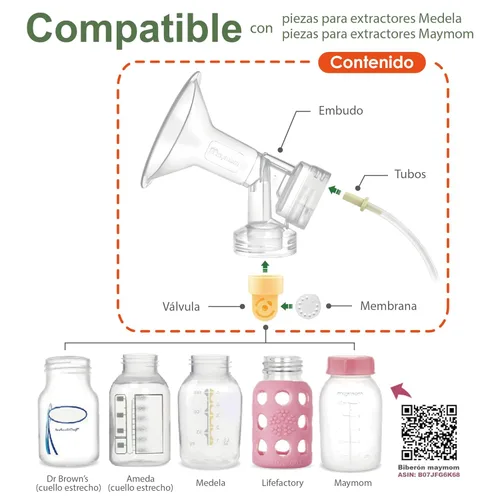 Vista 3 de Kit de extractor de leche Maymom para extractores de leche avanzados Medela estilo de bombeo; 2 embudos (de una sola pieza), 4 válvulas, 6 membranas