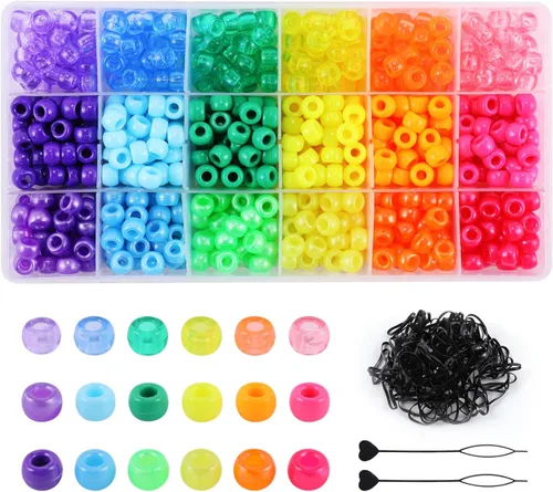 Cuentas de pelo de 18 colores de 0.354 in para trenzas de cabello, kit de cuentas de pony arcoíris para hacer joyas, cuentas Kandi para hacer