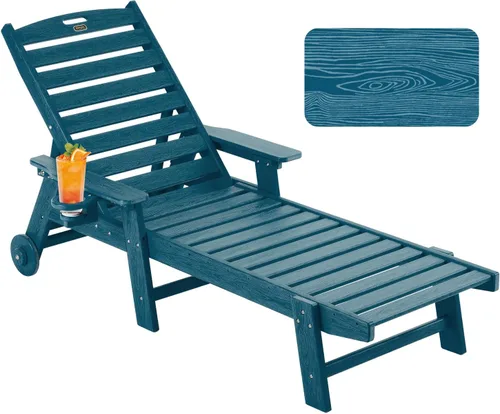 Chaise Lounge Chair al aire libre con ruedas, silla de patio de gran tamaño con textura de madera, silla de plástico de 5 posiciones para piscina