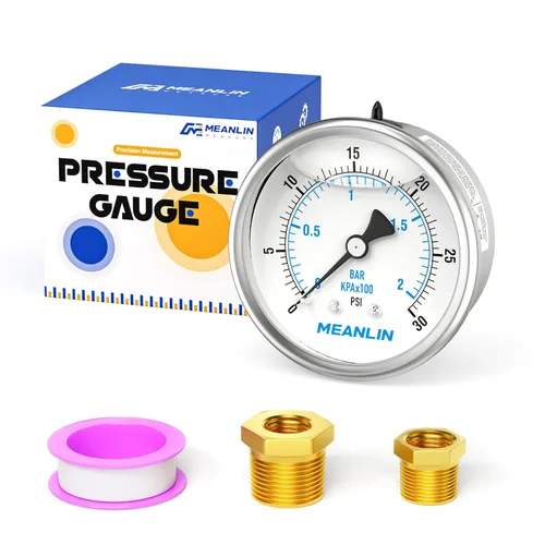 Vista 48 de MEANLIN MEASURE - Manómetro electromecánico de acero inoxidable, relleno de líquido, esfera con cara de 2.5 pulgadas, NPT de 1/4 de pulgada, agua