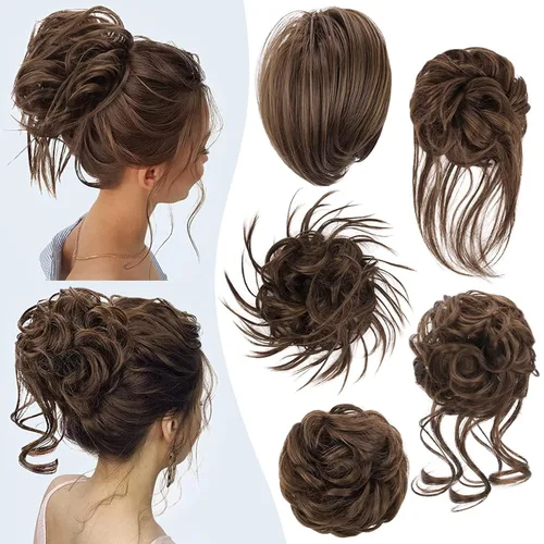 Vista 7 de HMD 5 piezas de moño despeinado para mujer, extensión de cabello con banda de goma elástica, extensión de cabello largo y desordenado, accesorios