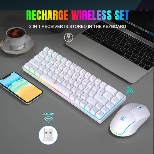 Vista 2 de Snpurdiri 60% teclado y mouse inalámbricos para juegos, combo con retroiluminación LED recargable de 2000 mAh, teclado mini de sensación mecánica