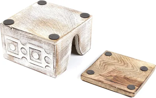 Vista 7 de Juego de 6 posavasos de madera blanqueados para bebida, té, mesa de café, posavasos blancos envejecidos con soporte, comedor, decoración del hogar