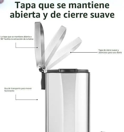 Vista 6 de Amazon Basics Cubo de basura mediano, 7.9 galones (30 litros), contenedor rectangular resistente a las manchas con tapa de cierre suave, pedal