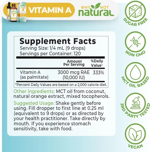 Vista 4 de Why Not Natural Vitamina A Drops 10000 UI - Palmitato de retinilo líquido con aceite de coco MCT, VIT vegano Un suplemento para la piel - 1 oz