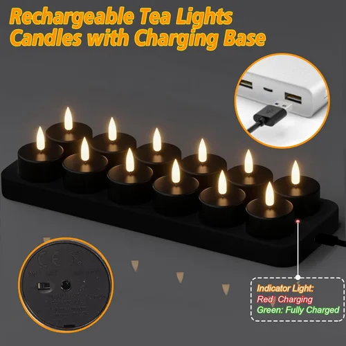 Vista 6 de GenSwin 12 velas de té recargables con base de carga y temporizador remoto, velas LED sin llama, funciona con pilas, para Halloween, otoño, mesa