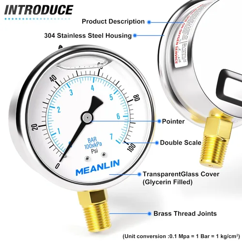 Vista 4 de MEANLIN MEASURE - Manómetro electromecánico de acero inoxidable, relleno de líquido, esfera con cara de 2.5 pulgadas, NPT de 1/4 de pulgada, agua