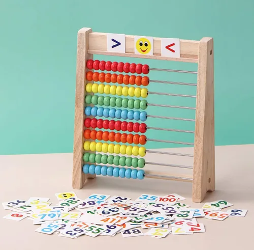 Vista 2 de Ábaco educativo para niños matemáticas – Marco de madera de 10 filas con números 1 – 100 tarjetas – Enseña a contar, sumar y resta, aprendizaje