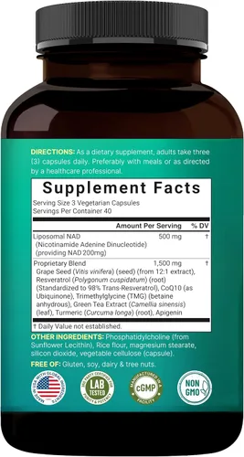 Vista 7 de NatureBell Liposomal NAD+ 8-in-1 Complex 2000mg** Per Serving, 120 Vegetarian Capsules – NAD Resveratrol Supplement with TMG, CoQ10, Turmeric, Grape