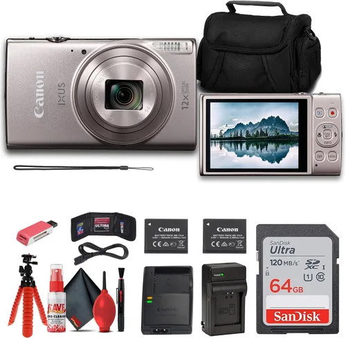 Canon PowerShot IXUS 285 HS 12X Cámara digital con zoom óptico (plateado) + NB11L + tarjeta de memoria de 64 GB + estuche + cargador + lector de