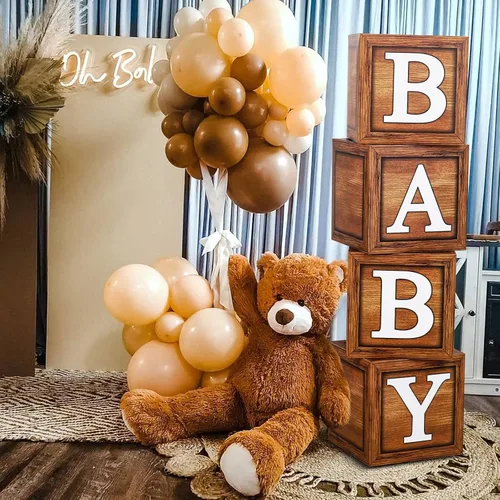 Cajas de baby shower para decoración de fiesta, 4 bloques de madera de grano marrón con letras de bebé, letras impresas, decoración de centro de