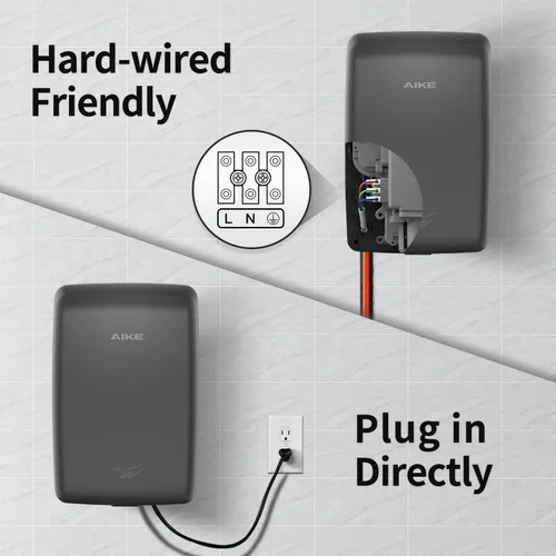 Vista 4 de AIKE UL aprobado compacto Jet secador de manos con cable duro, 1350W 120V negro mate modelo AK2803D