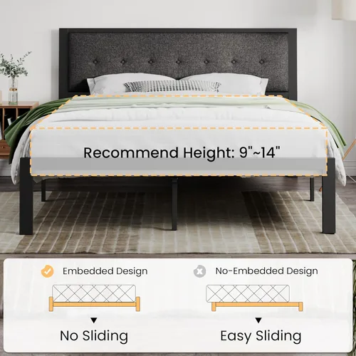 Vista 7 de SHA CERLIN Base de cama tamaño King con cabecera tapizada, base de cama de plataforma con listones de metal, cabecero con costuras cuadradas