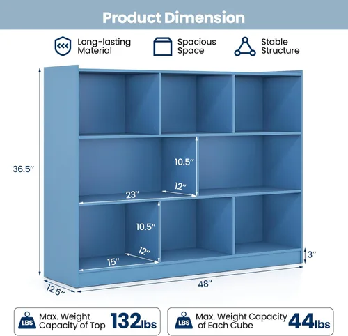 Vista 3 de Estantería de 3 niveles, estantería moderna con 8 cubos de almacenamiento, estantes de almacenamiento de madera, estantes pequeños para espacios