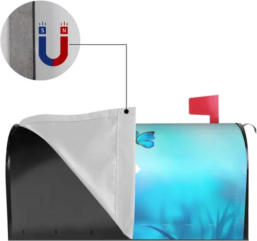 Vista 4 de Abucaky Funda magnética impermeable para buzón de buzón de flores rosas y mariposas azules voladoras, decoración de buzón de 25.5 x 21 pulgadas
