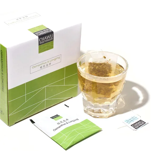 ChaWuWarmSun -Osmanthus & LongJing Bolsas de té verde, 50 bolsas de té, flores naturales y té roto