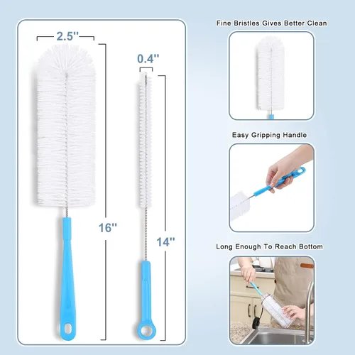 Vista 2 de Cepillo limpiador de botellas de 16 pulgadas para botellas de agua, cepillo de botella de mango largo para limpiar botellas deportivas de cuello