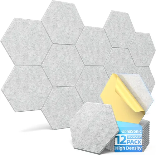 Vista 19 de Paquete de 12 paneles acústicos hexagonales con autoadhesivos, paneles de espuma a prueba de sonido de 12 x 10 x 0.4 pulgadas para paredes, paneles