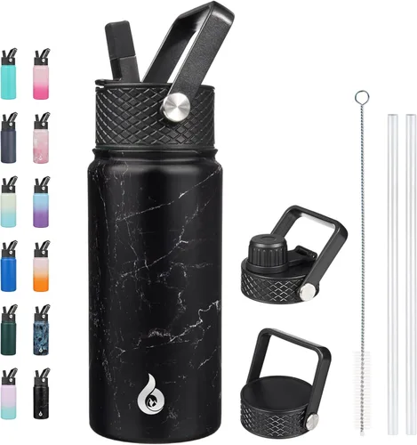 Vista 111 de BJPKPK - Botellas de agua aisladas con tapa de popote, botella de agua de acero inoxidable de 27 onzas con 3 tapas, termo de metal sin BPA a prueba