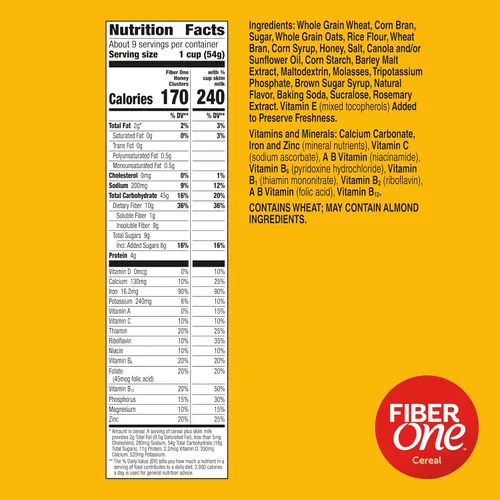 Vista 2 de Fiber One Honey Clusters Cereal de desayuno, cereal de fibra hecho con grano entero, 17.5 onzas